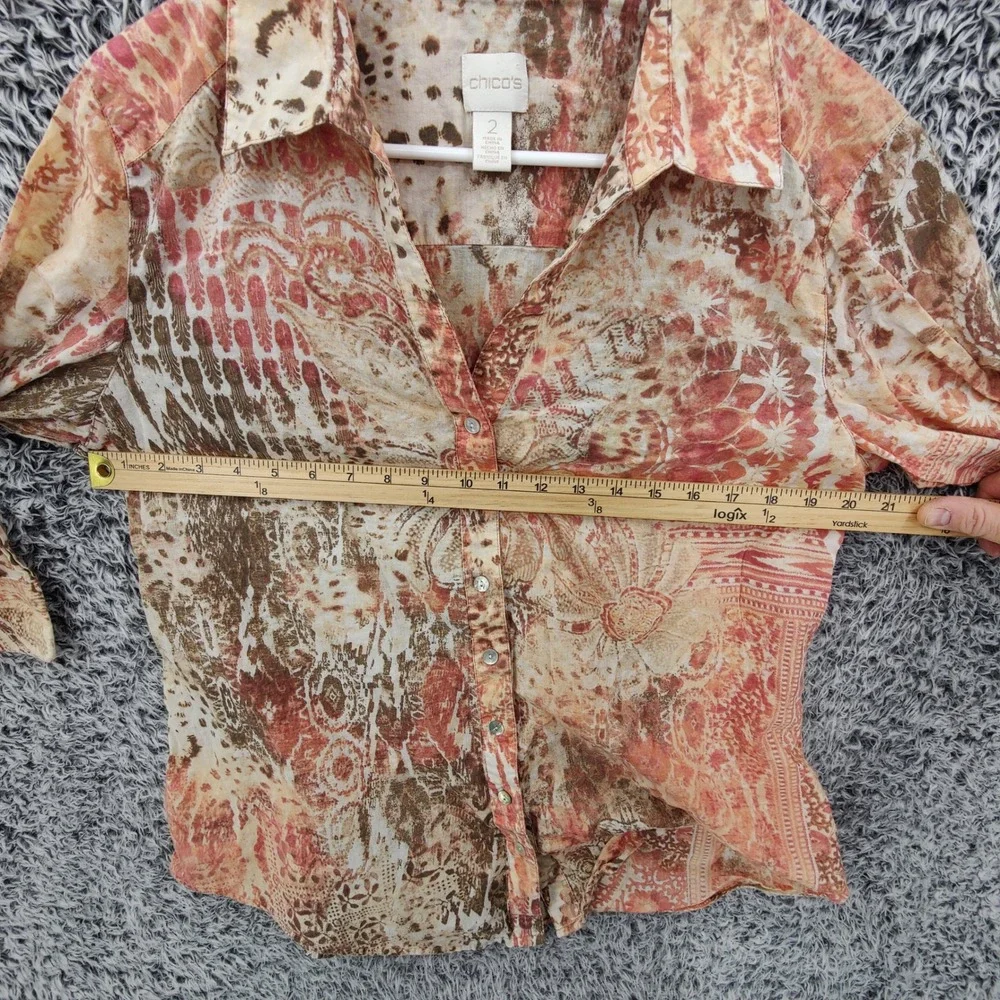 Chicos Women Maximalist Earthy Abstract Animal Button Down Shirt 2 Large Tan - Picture 2 of 16